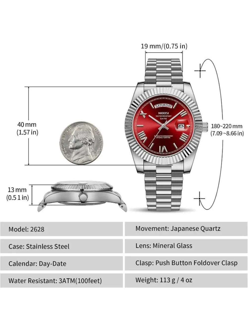 Nibosi Men's Silver Red Analog Quartz Stainless Waterproof Desiger Wrist Watch